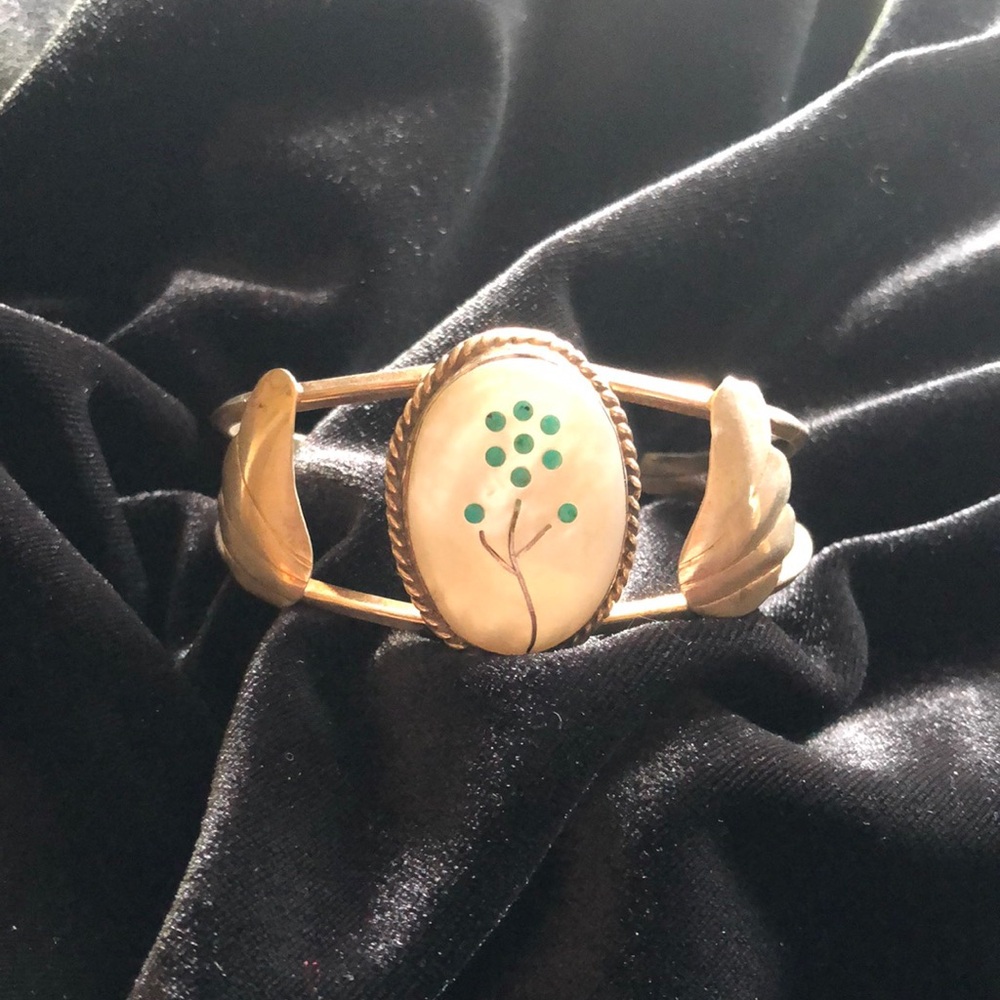Vintage sterling silver Mother of Pearl and Turquoise Native made bracelet